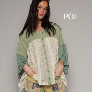 POL top frayed edge crochet Shacket long sleeves button down NWT Boutique